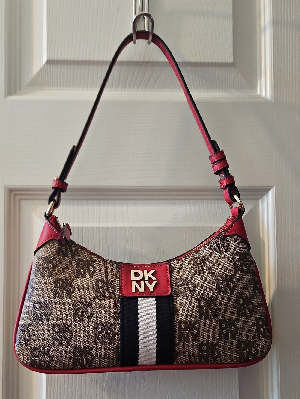 DKNY Brown Monogram and Red Leather Accent Shoulder Bag